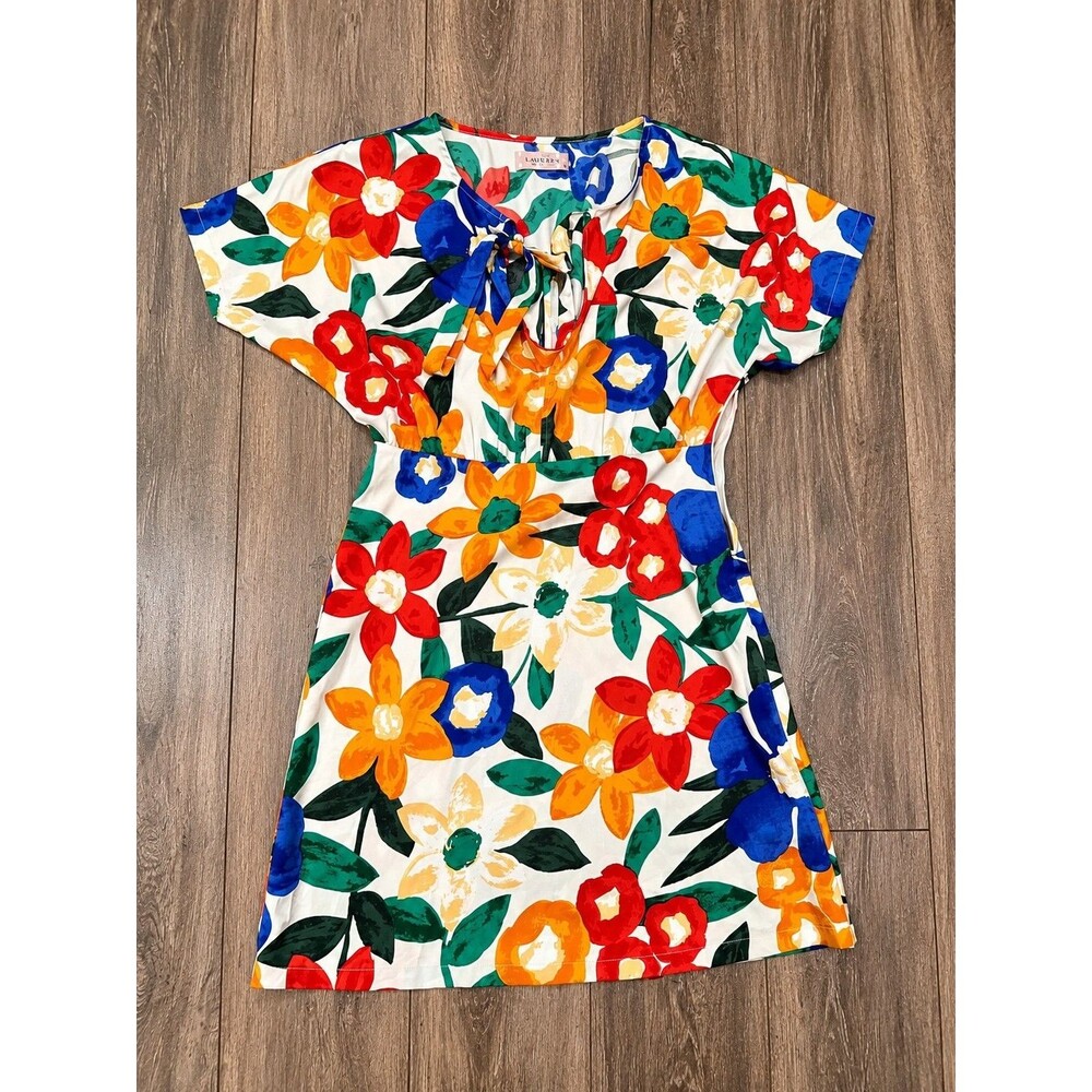 Traffic People Womens Small Floral Mini Dress Tie Neck Multicolor Boho Cottage